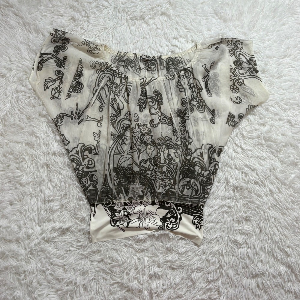 y2k cream & black floral print semi sheer bat sleeve slouchy top medium